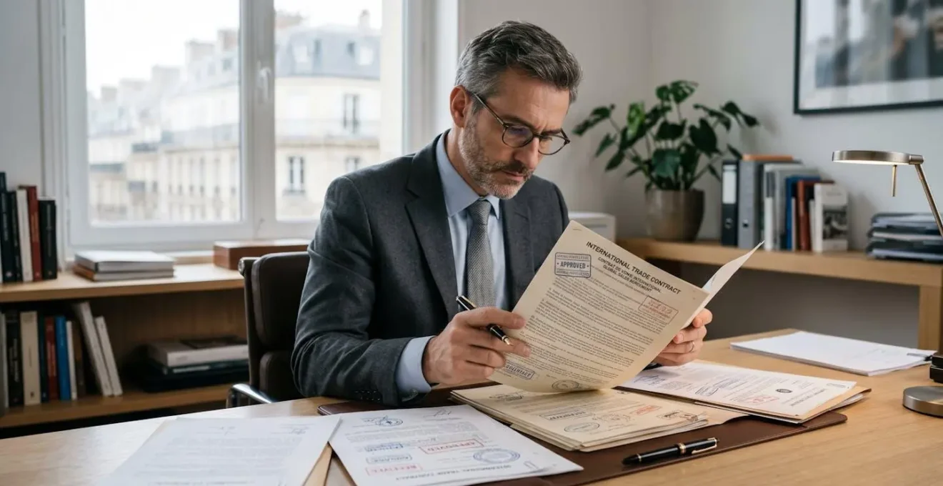 Dirigeant de PME française examinant un contrat d'export avec des documents commerciaux internationaux étalés sur son bureau