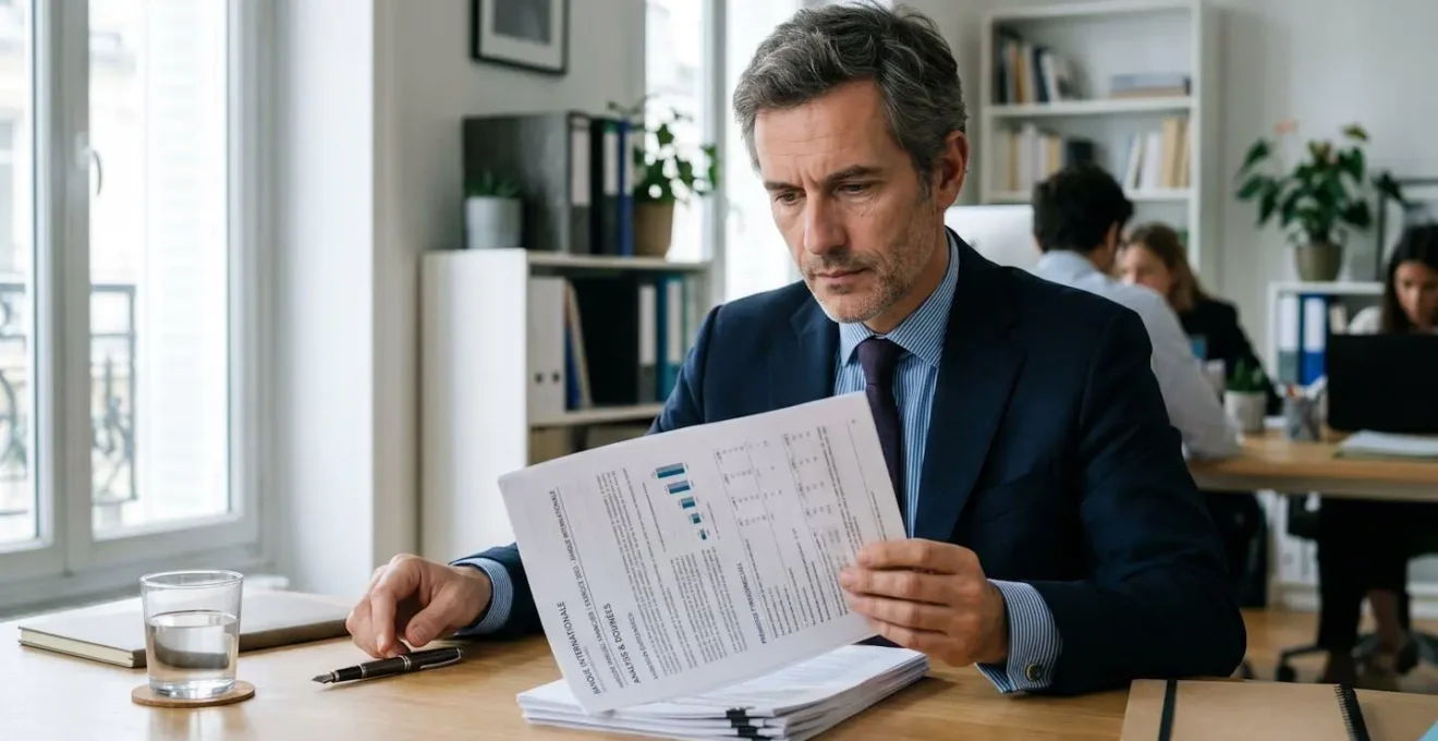 Responsable financier d'une PME française étudiant des documents de garantie bancaire internationale sur son bureau