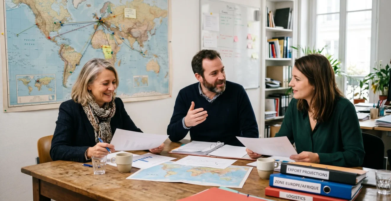 Équipe commerciale export française en réunion autour d'un contrat international, cartes de pays visibles sur le mur