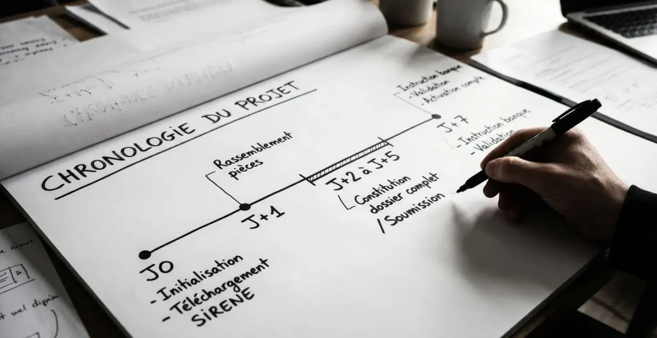Timeline manuscrite sur tableau blanc montrant les 5 jalons temporels de validation d'un dossier bancaire professionnel de J0 à J+7, avec annotations en français pour chaque étape