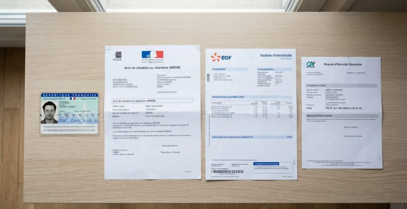 Vue du dessus de quatre documents administratifs français disposés sur un bureau : carte nationale d'identité, avis de situation SIRENE de l'INSEE, facture EDF et relevé d'identité bancaire français