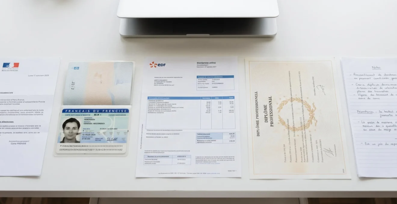 Vue en plongée d'un bureau blanc avec documents administratifs français organisés : carte nationale d'identité, facture de service public récente, diplôme et notes manuscrites, ordinateur portable en arrière-plan