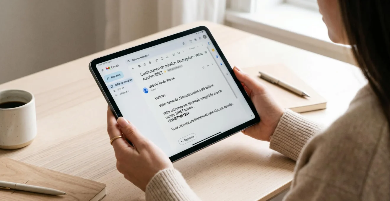 Écran d'ordinateur affichant un email de confirmation d'immatriculation URSSAF avec numéro SIRET de 14 chiffres visible, interface de messagerie française, mains près du clavier