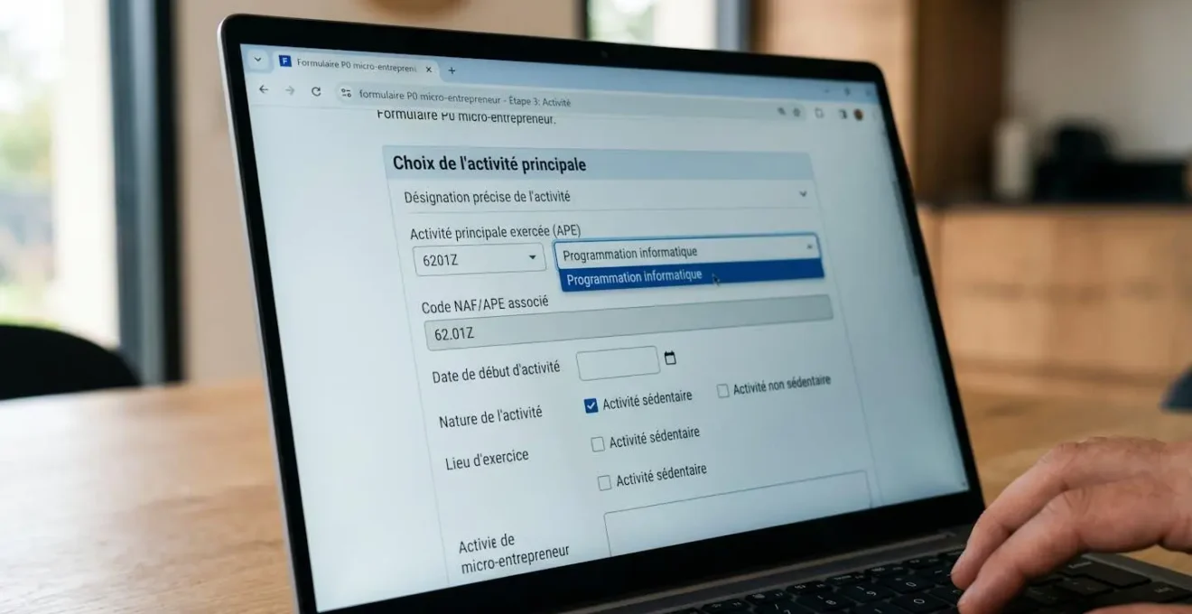 Gros plan sur écran d'ordinateur portable montrant le formulaire P0 micro-entrepreneur en ligne avec champ de sélection du code APE/NAF, main sur souris, interface administrative française