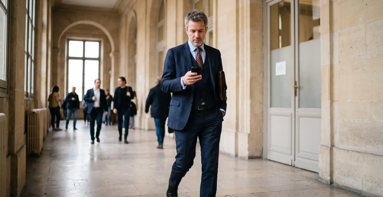 Avocat consultant une notification de lettre recommandée électronique sur son smartphone dans le couloir d'un tribunal français