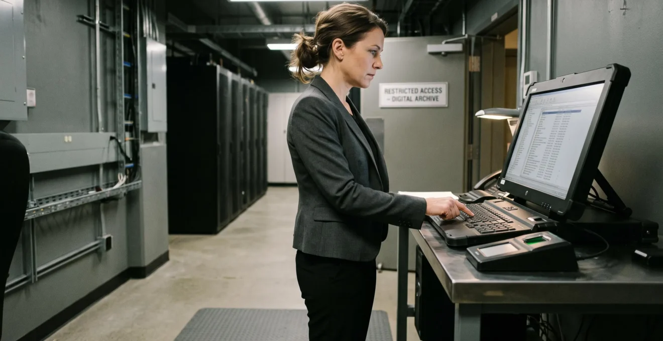 Technicien effectuant un contrôle de sécurité sur une baie serveur dans une salle sécurisée d'un prestataire de services de confiance certifié