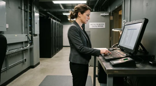 Technicien effectuant un contrôle de sécurité sur une baie serveur dans une salle sécurisée d'un prestataire de services de confiance certifié